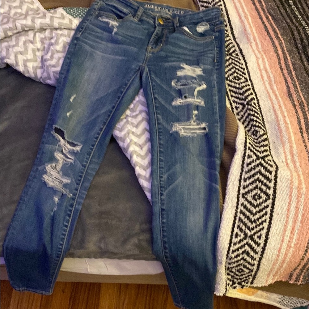 American Eagle Outfitters Blue Skinny Jeans with Distressed Details